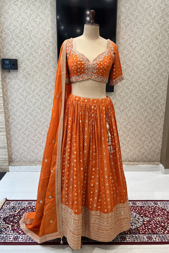 Orange Beads, Sequins, Zari and Banaras work Crop Top Lehenga