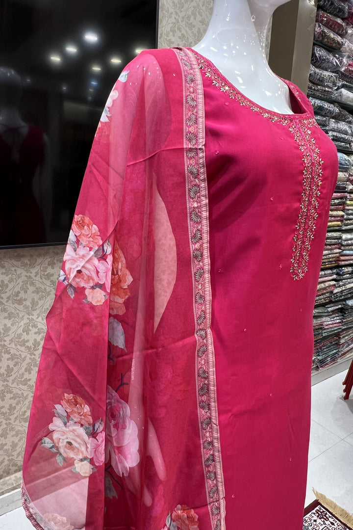 Pink Zari, Stone, Zardozi and Thread work Straight Cut Salwar Suit