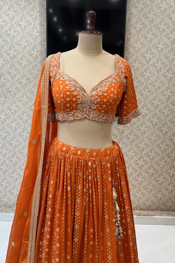 Orange Beads, Sequins, Zari and Banaras work Crop Top Lehenga