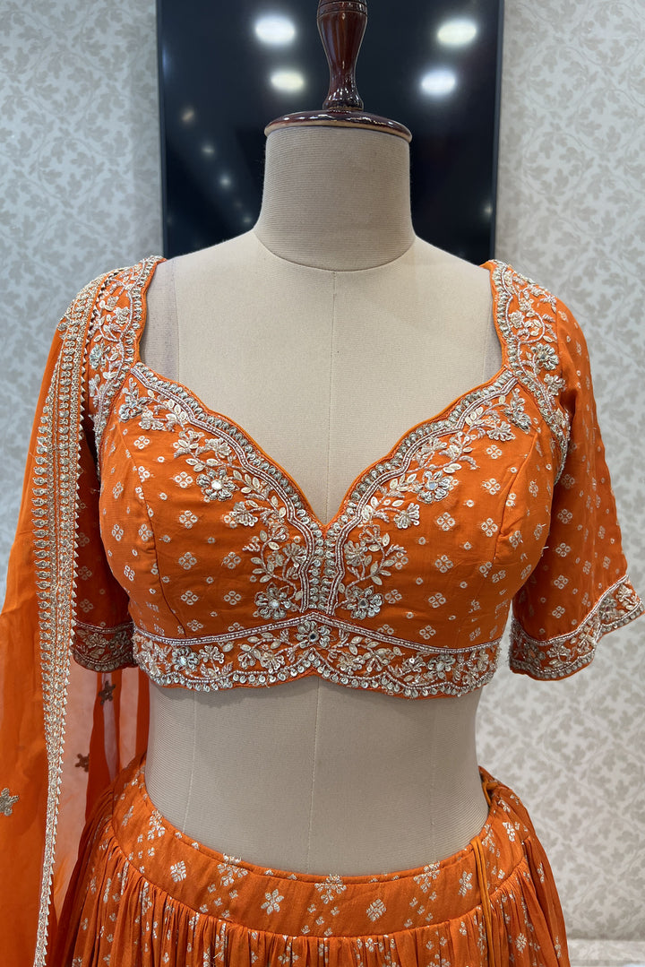 Orange Beads, Sequins, Zari and Banaras work Crop Top Lehenga