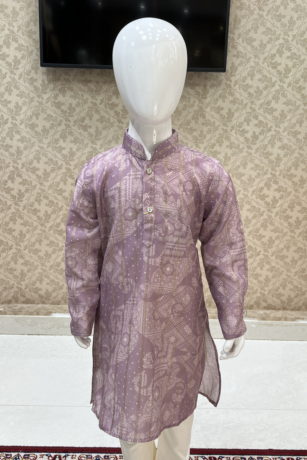 Lilac with Cream Digital Print Kurta Set for Boys