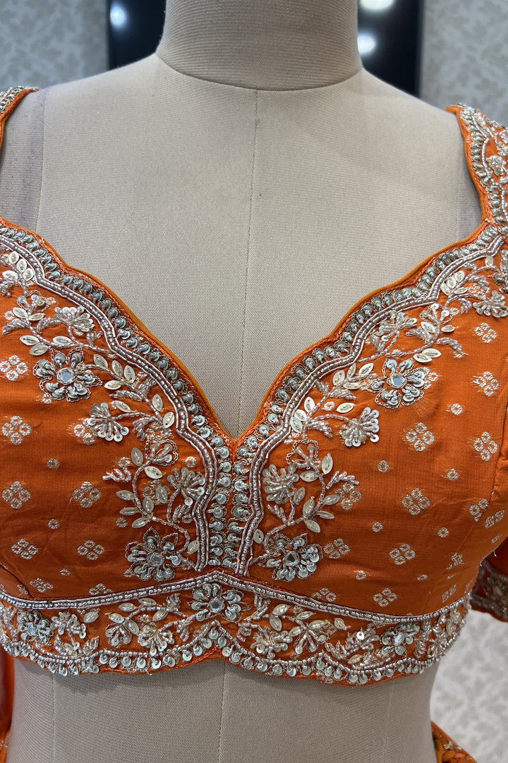 Orange Beads, Sequins, Zari and Banaras work Crop Top Lehenga