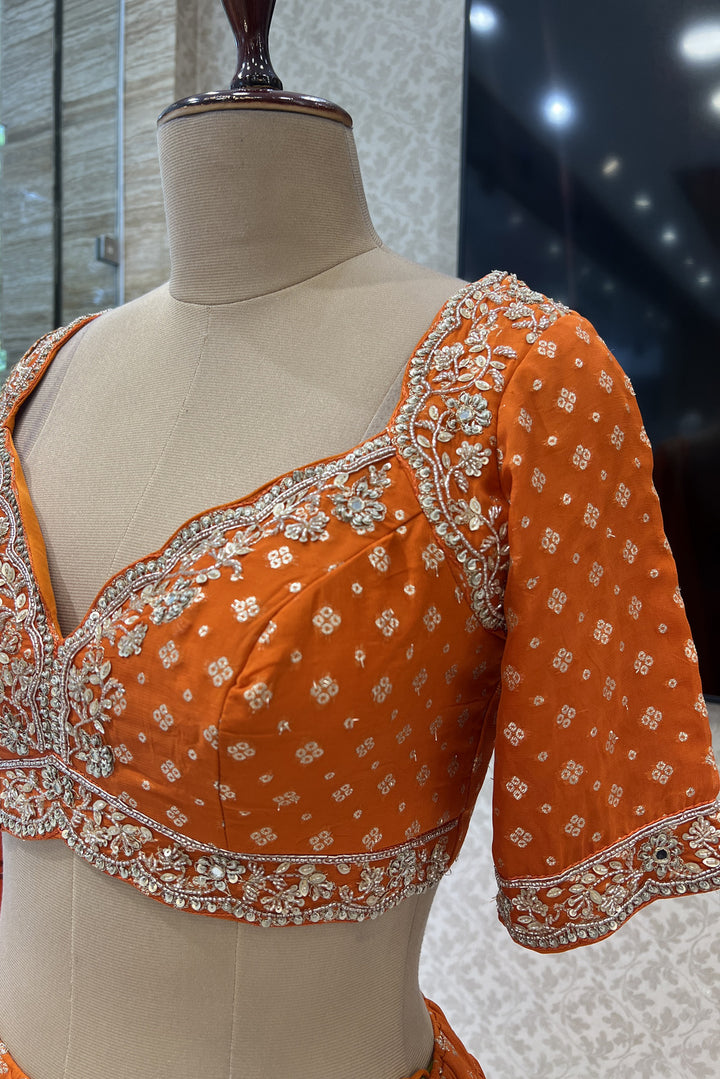 Orange Beads, Sequins, Zari and Banaras work Crop Top Lehenga