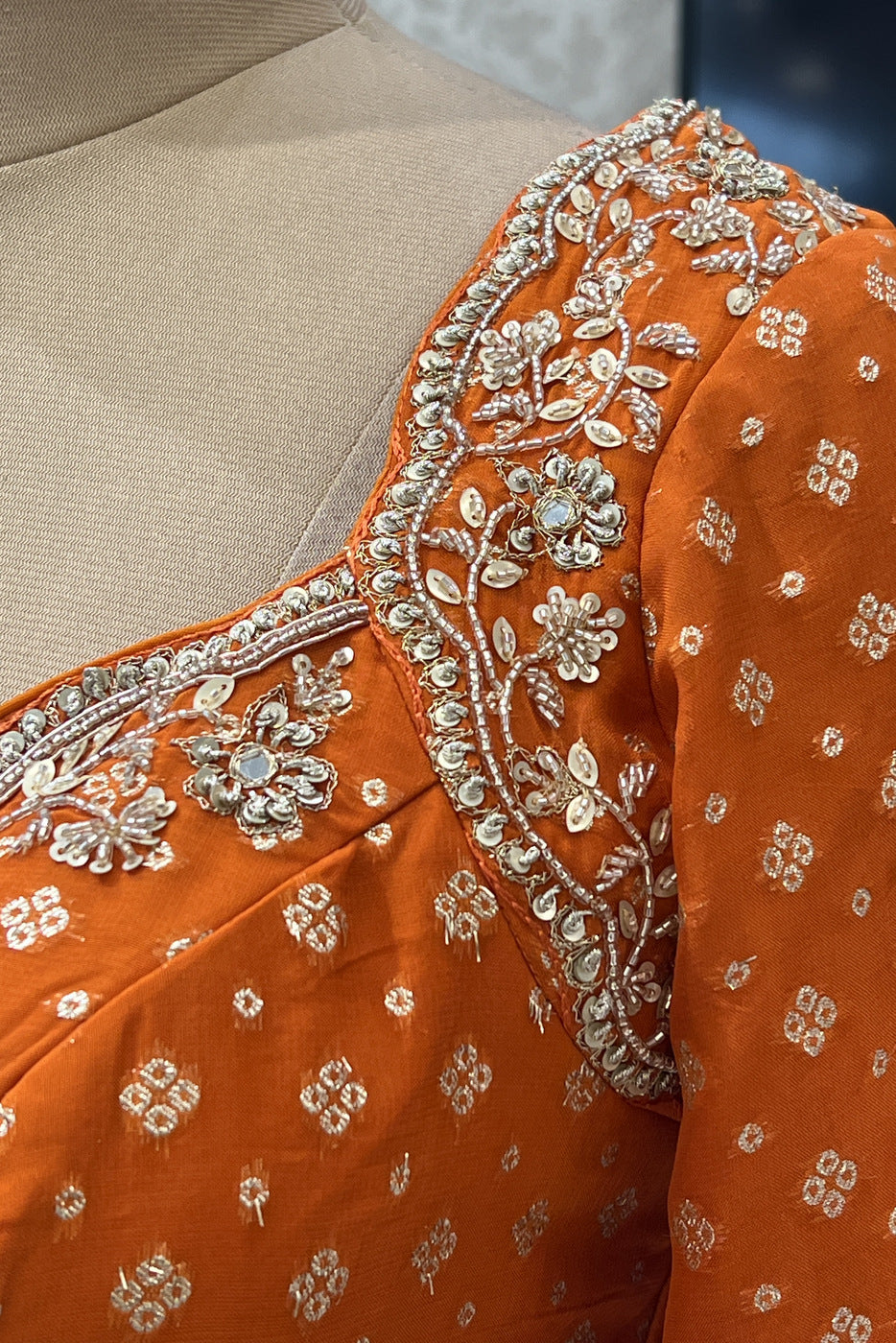 Orange Beads, Sequins, Zari and Banaras work Crop Top Lehenga