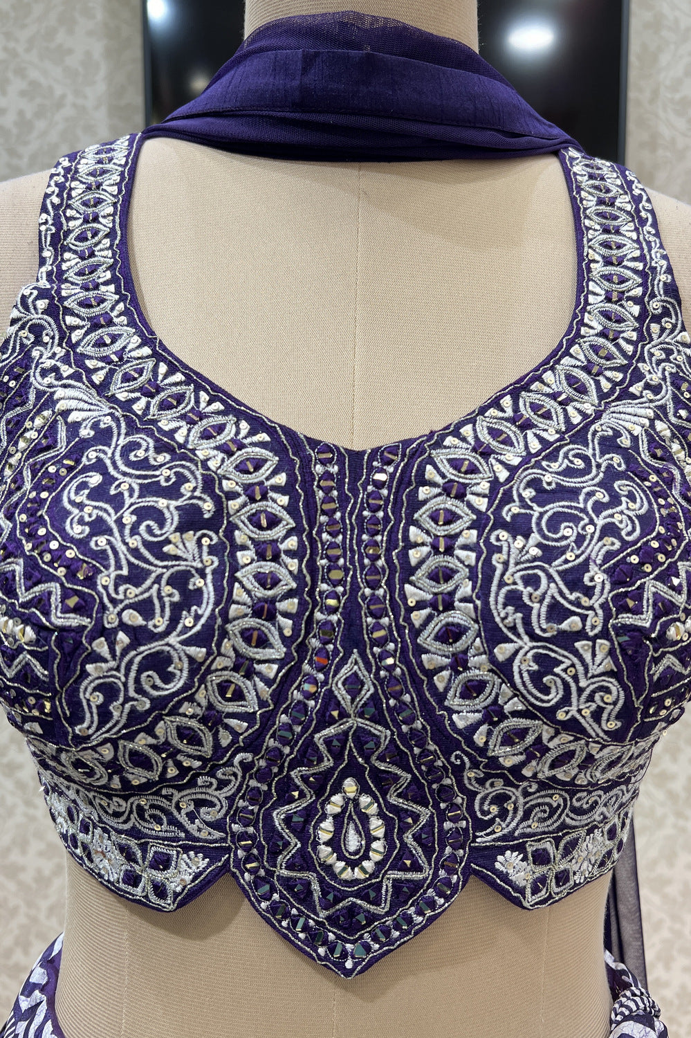 Purple Mirror, Thread and Sequins work with Printed Crop Top Lehenga