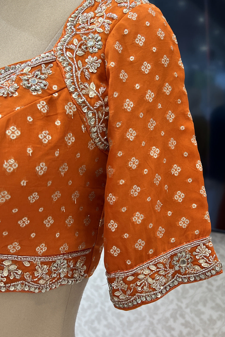 Orange Beads, Sequins, Zari and Banaras work Crop Top Lehenga