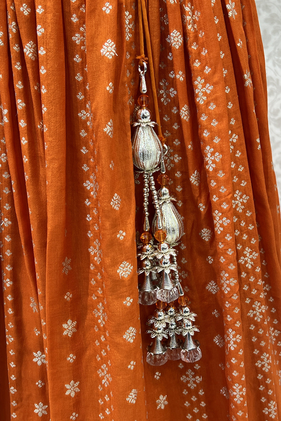 Orange Beads, Sequins, Zari and Banaras work Crop Top Lehenga