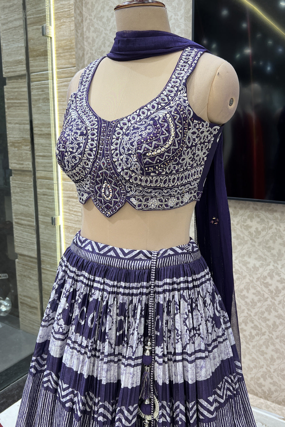 Purple Mirror, Thread and Sequins work with Printed Crop Top Lehenga