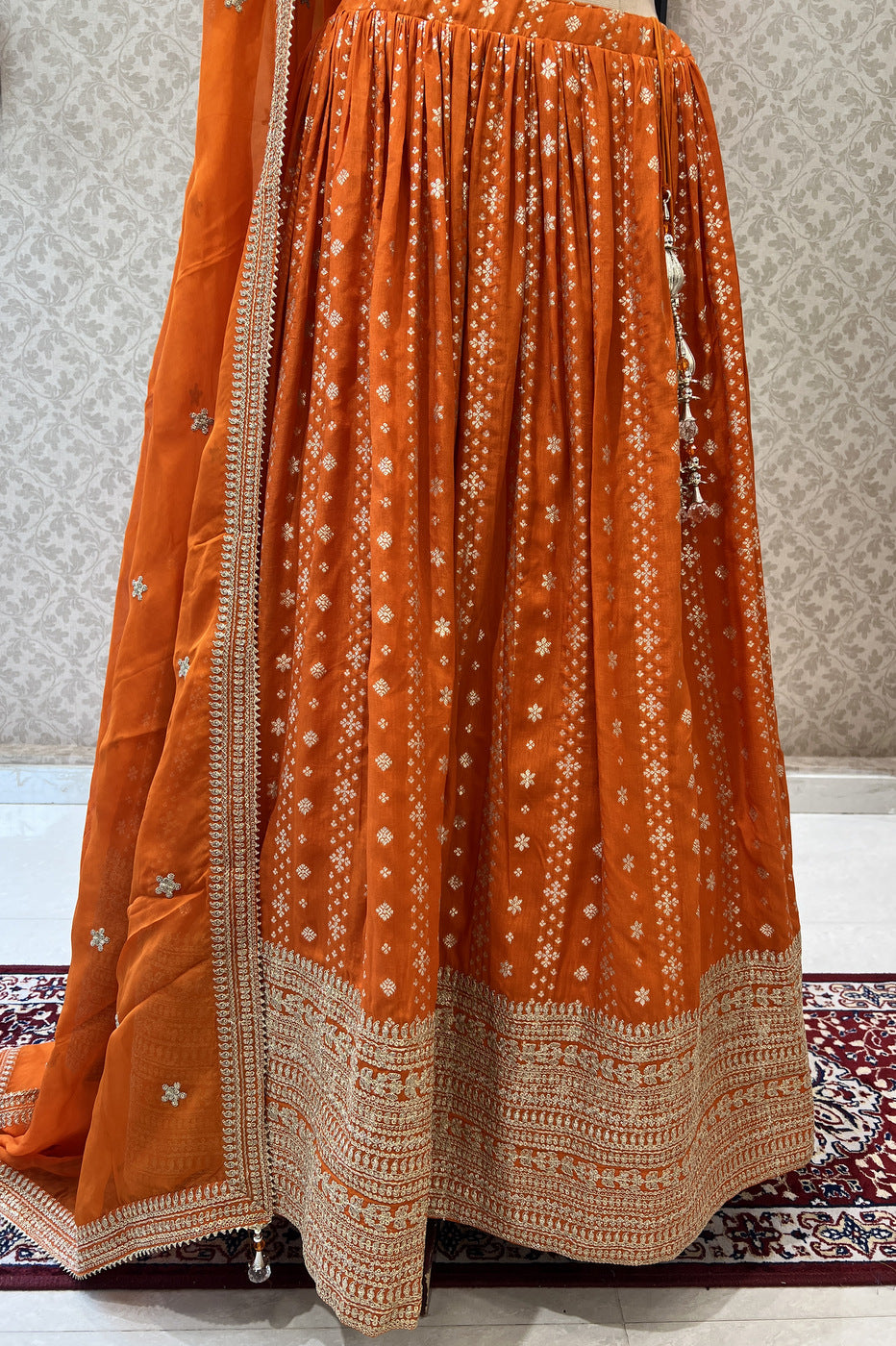 Orange Beads, Sequins, Zari and Banaras work Crop Top Lehenga