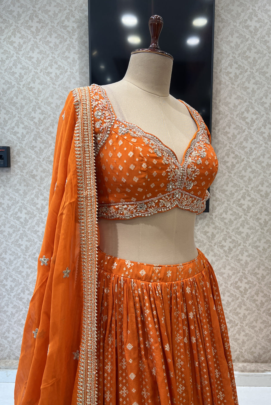 Orange Beads, Sequins, Zari and Banaras work Crop Top Lehenga