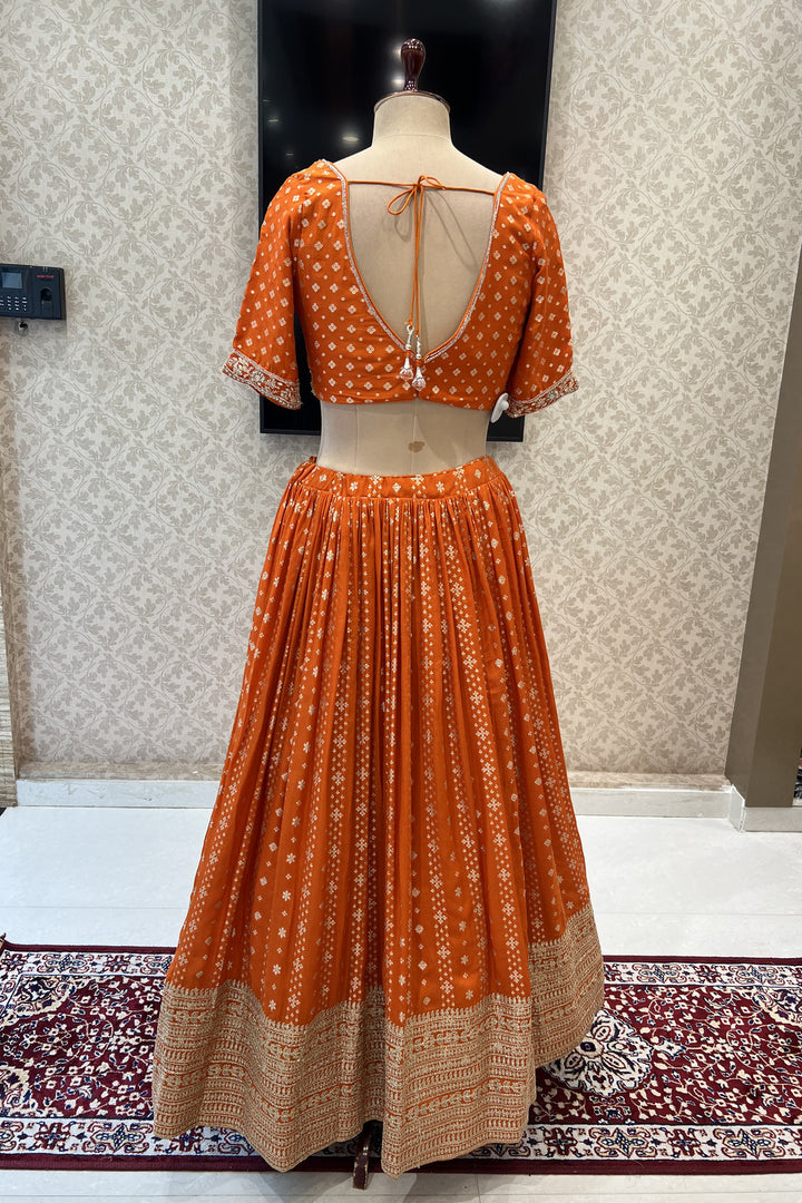 Orange Beads, Sequins, Zari and Banaras work Crop Top Lehenga