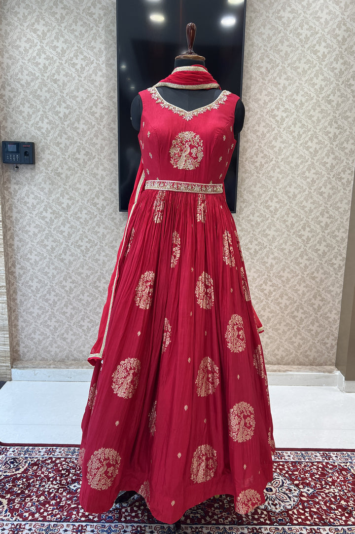 Red Banaras, Zardozi, Beads, Sequins, Stone and Mirror work Floor Length Anarkali Suit