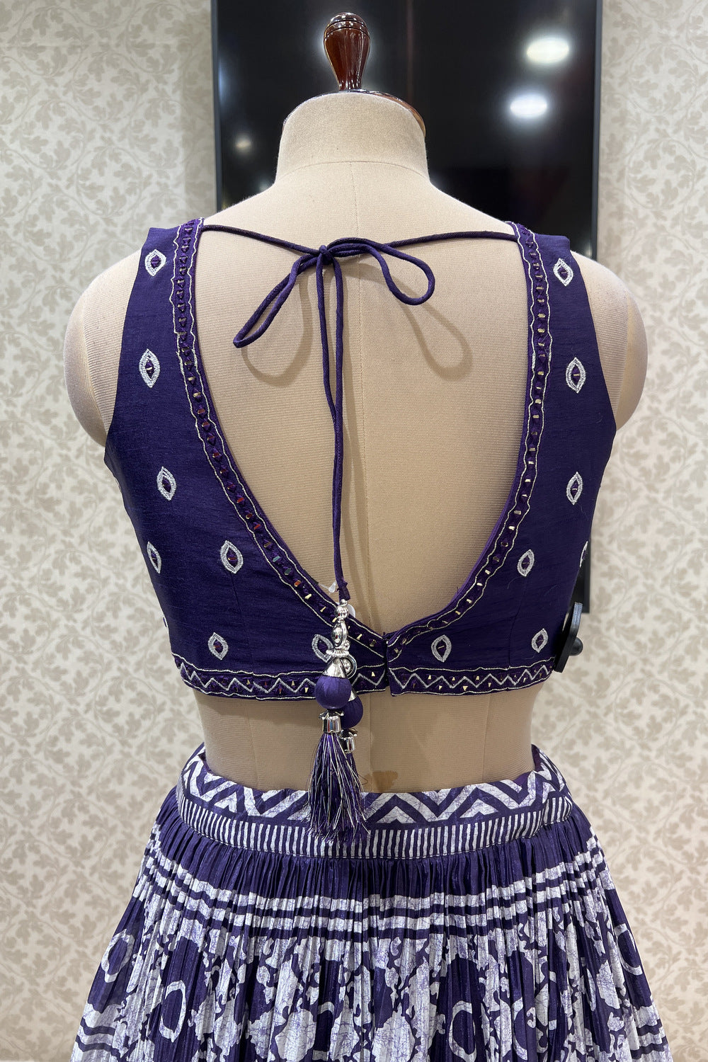 Purple Mirror, Thread and Sequins work with Printed Crop Top Lehenga