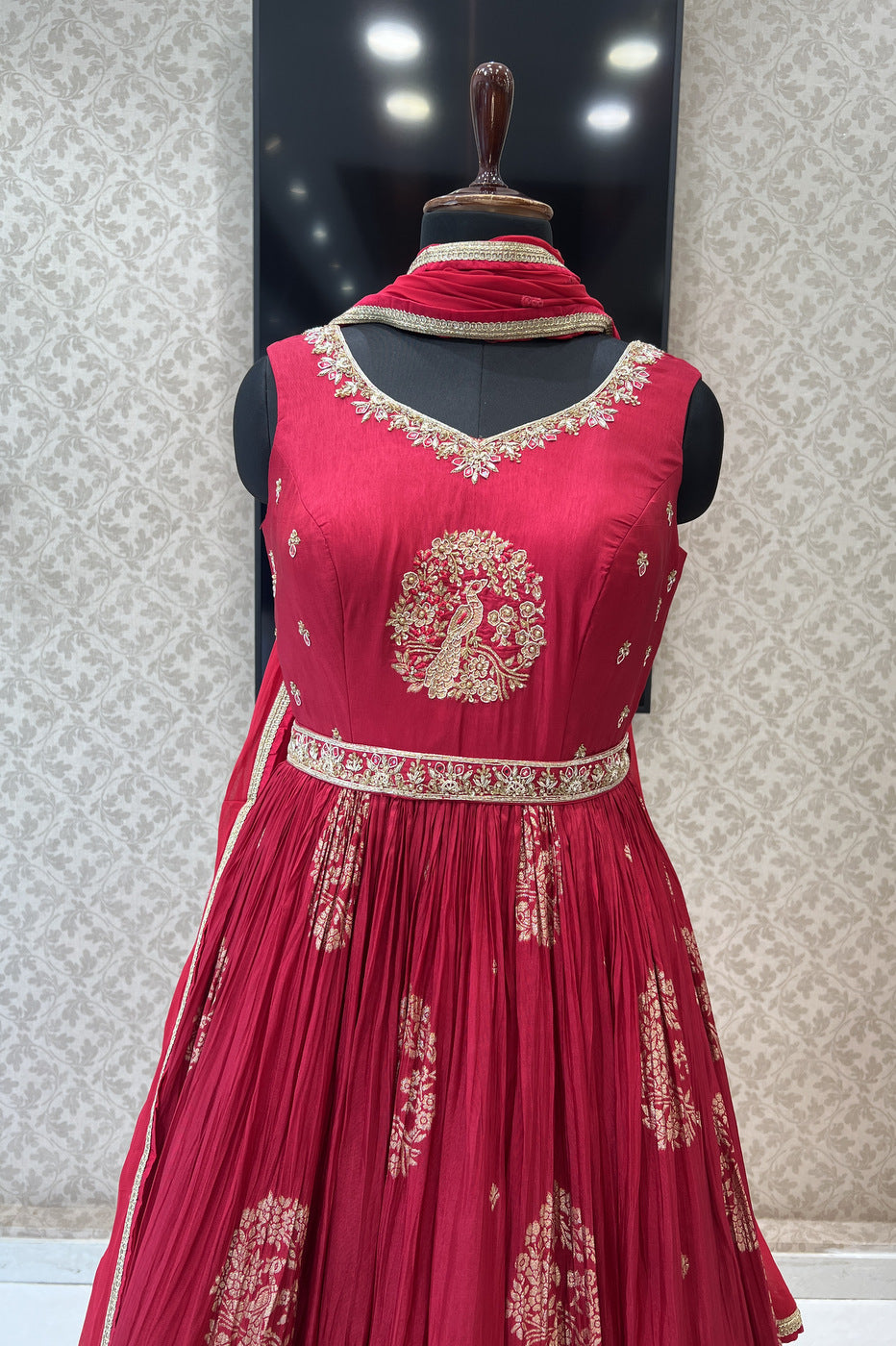 Red Banaras, Zardozi, Beads, Sequins, Stone and Mirror work Floor Length Anarkali Suit