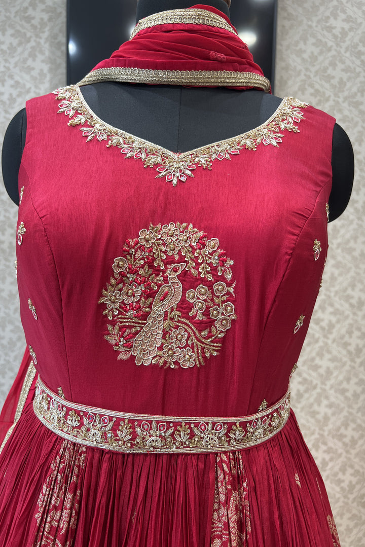 Red Banaras, Zardozi, Beads, Sequins, Stone and Mirror work Floor Length Anarkali Suit