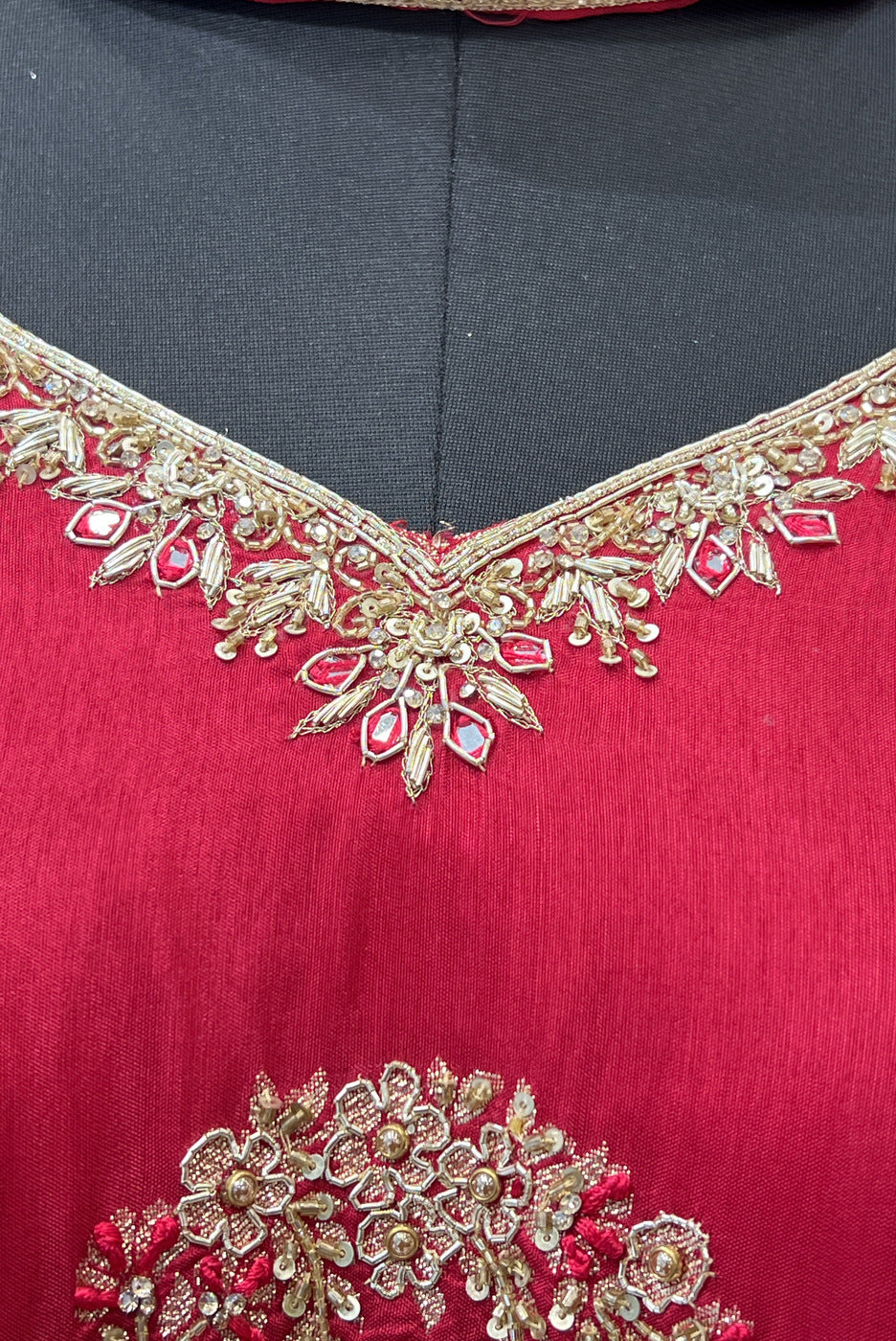 Red Banaras, Zardozi, Beads, Sequins, Stone and Mirror work Floor Length Anarkali Suit