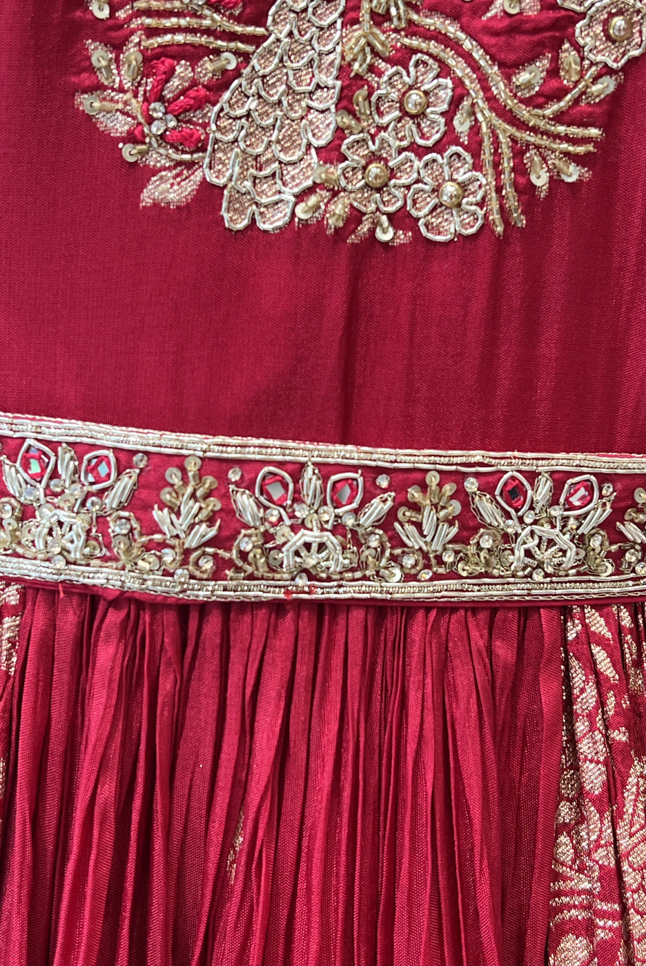 Red Banaras, Zardozi, Beads, Sequins, Stone and Mirror work Floor Length Anarkali Suit