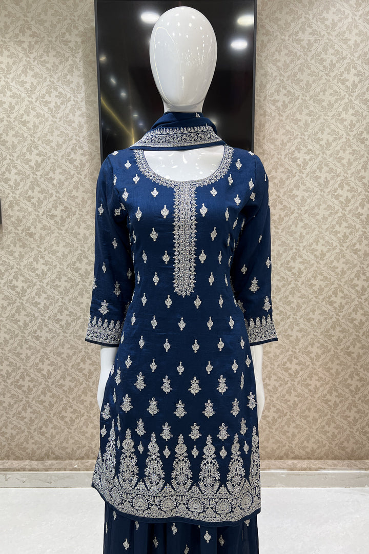 Peacock Blue Silver Zari, Thread and Stone work Palazzo Salwar Suit