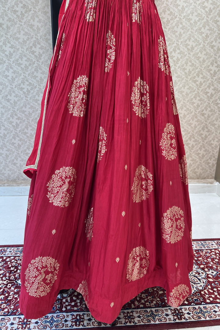 Red Banaras, Zardozi, Beads, Sequins, Stone and Mirror work Floor Length Anarkali Suit