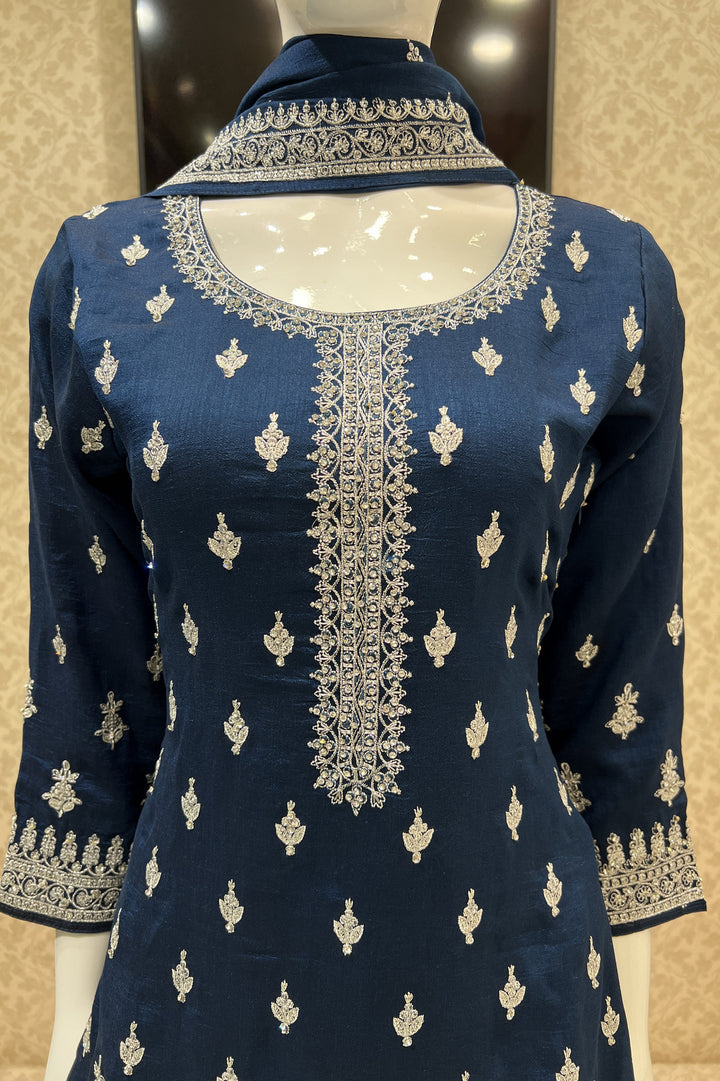 Peacock Blue Silver Zari, Thread and Stone work Palazzo Salwar Suit