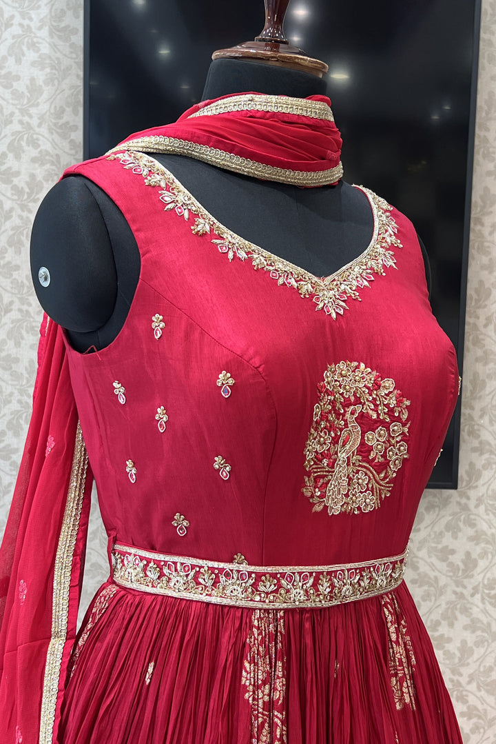 Red Banaras, Zardozi, Beads, Sequins, Stone and Mirror work Floor Length Anarkali Suit