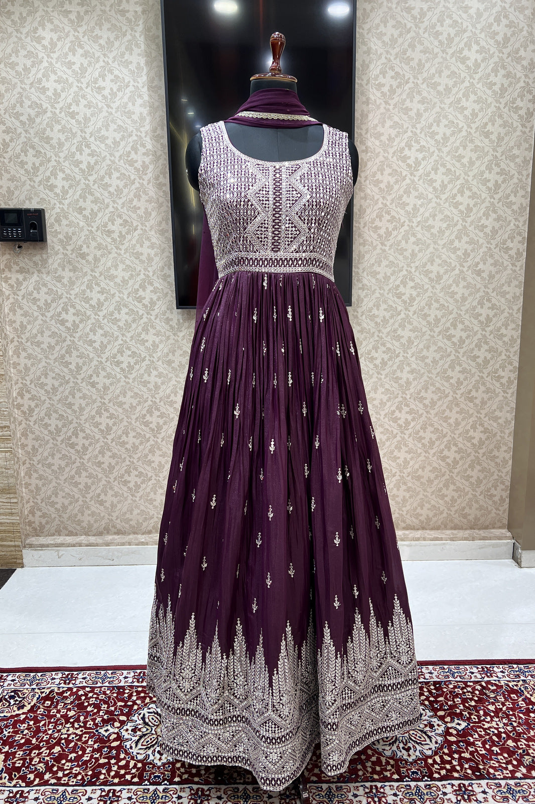 Wine Sequins and Zari work Floor Length Anarkali Suit