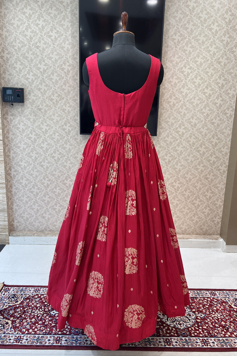 Red Banaras, Zardozi, Beads, Sequins, Stone and Mirror work Floor Length Anarkali Suit