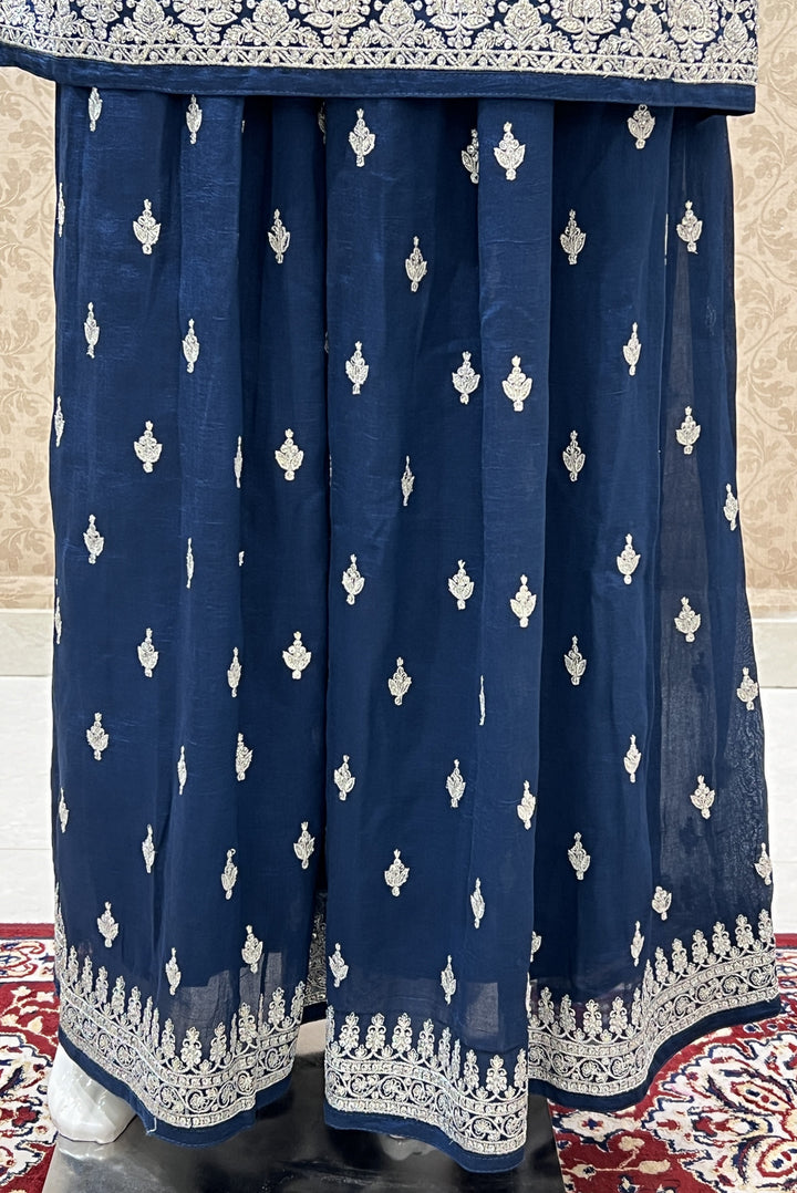 Peacock Blue Silver Zari, Thread and Stone work Palazzo Salwar Suit