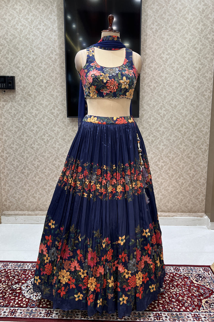 Navy Blue Floral Print, Beads, Sequins and Zardozi work Crop Top Lehenga