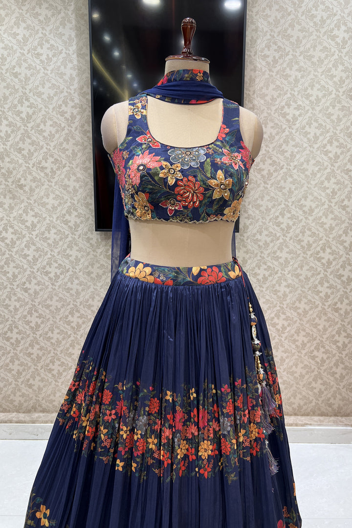 Navy Blue Floral Print, Beads, Sequins and Zardozi work Crop Top Lehenga