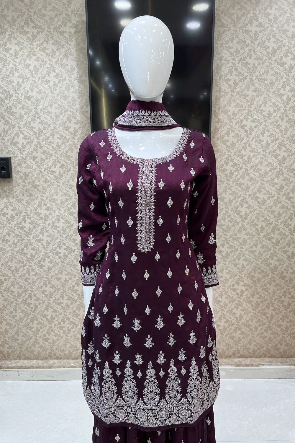 Wine Silver Zari, Thread and Stone work Palazzo Salwar Suit