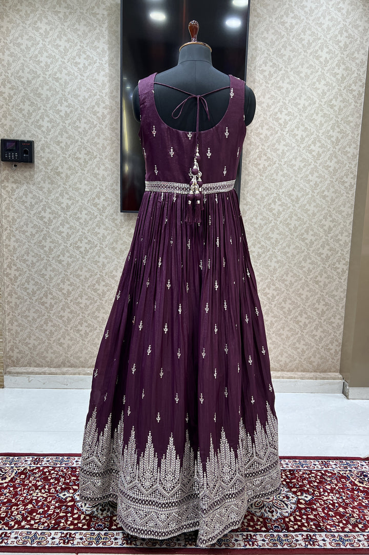 Wine Sequins and Zari work Floor Length Anarkali Suit