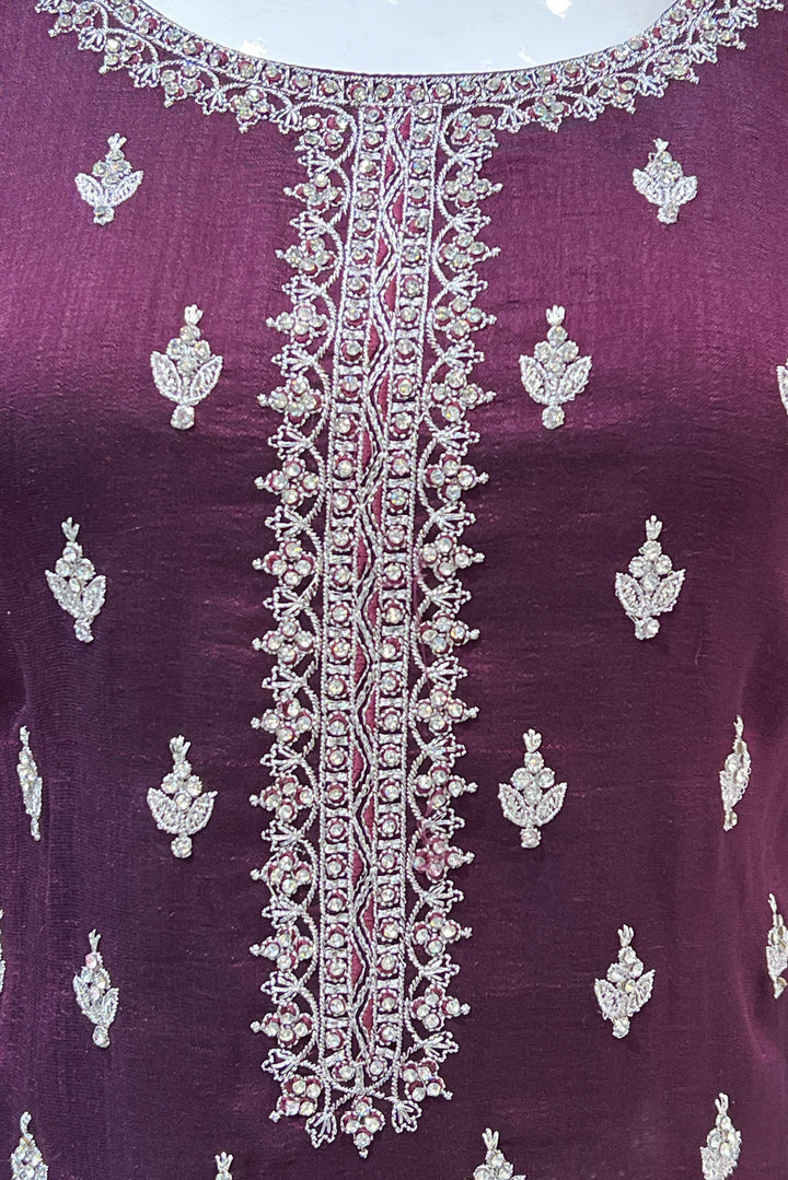 Wine Silver Zari, Thread and Stone work Palazzo Salwar Suit