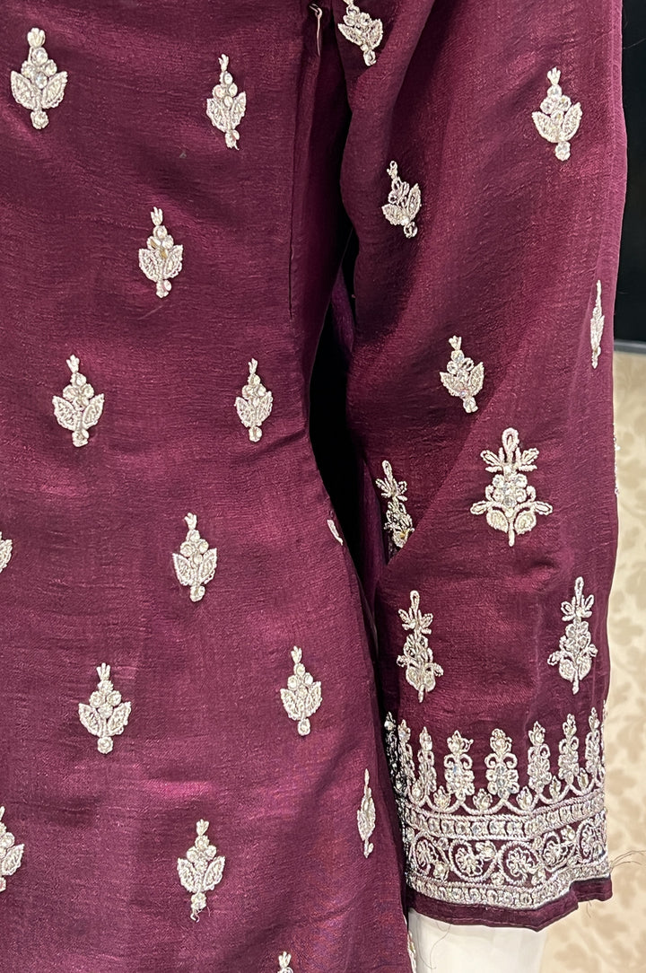 Wine Silver Zari, Thread and Stone work Palazzo Salwar Suit