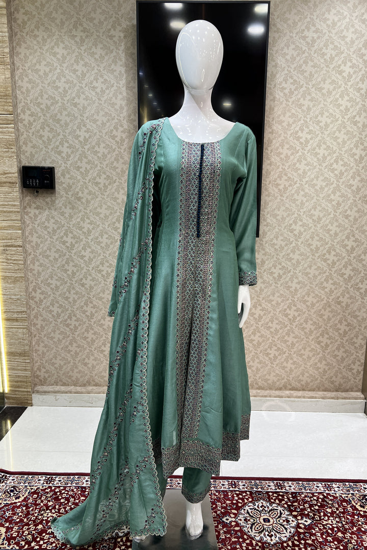 Sea Green Zari, Thread and Sequins work Anarkali Style Salwar Suit