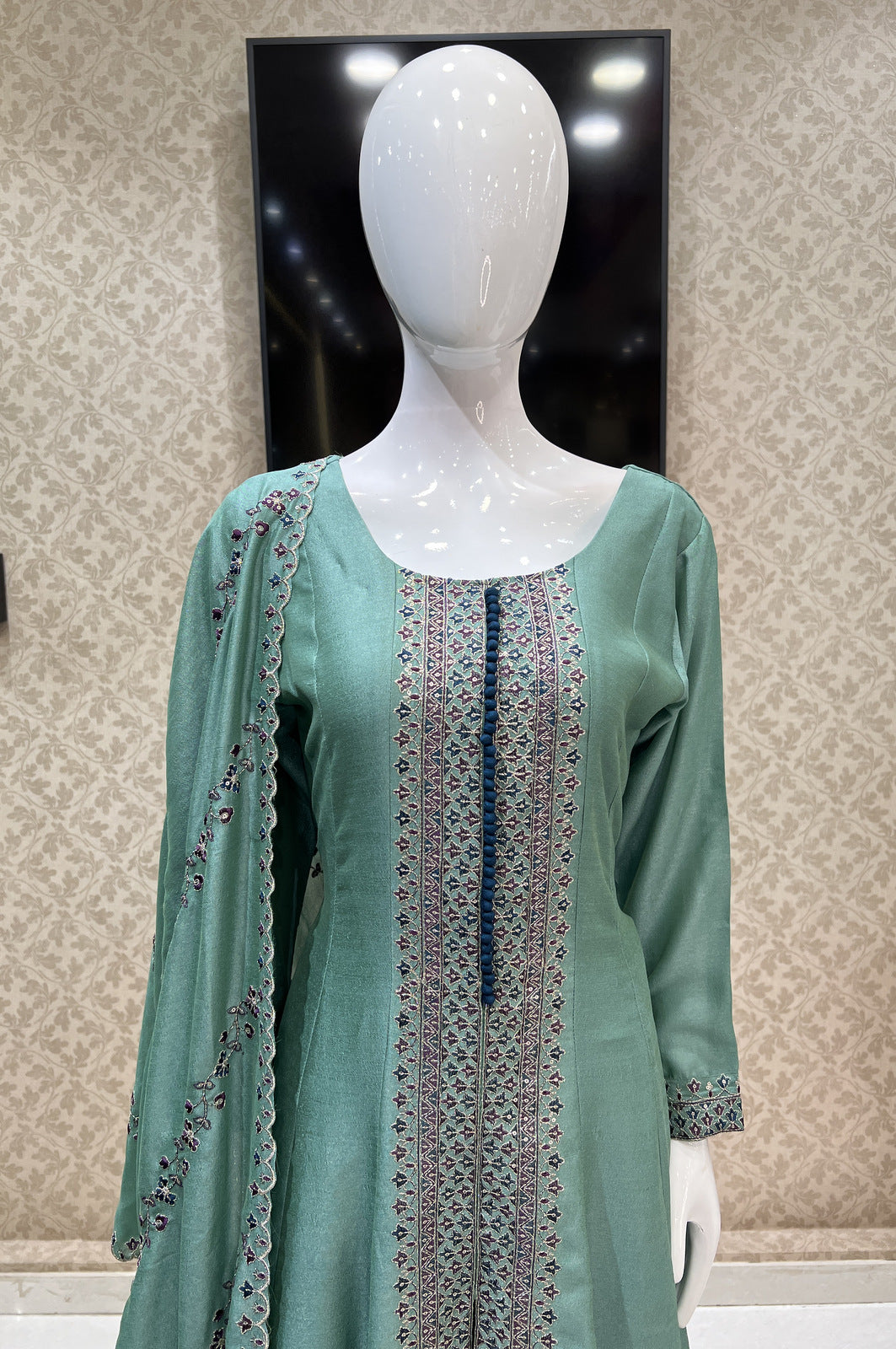 Sea Green Zari, Thread and Sequins work Anarkali Style Salwar Suit