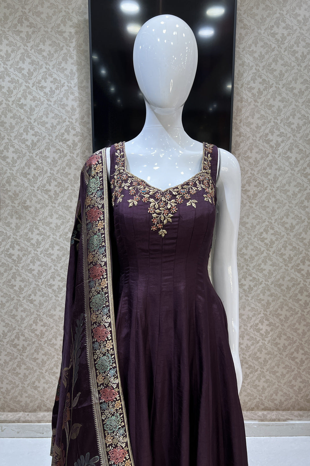 Wine Zari, Beads, Stone and Banaras work Palazzo Salwar Suit