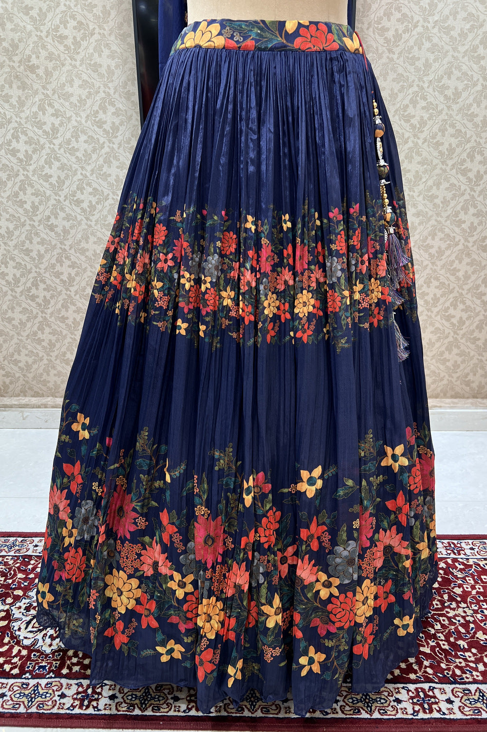 Navy Blue Floral Print, Beads, Sequins and Zardozi work Crop Top Lehenga