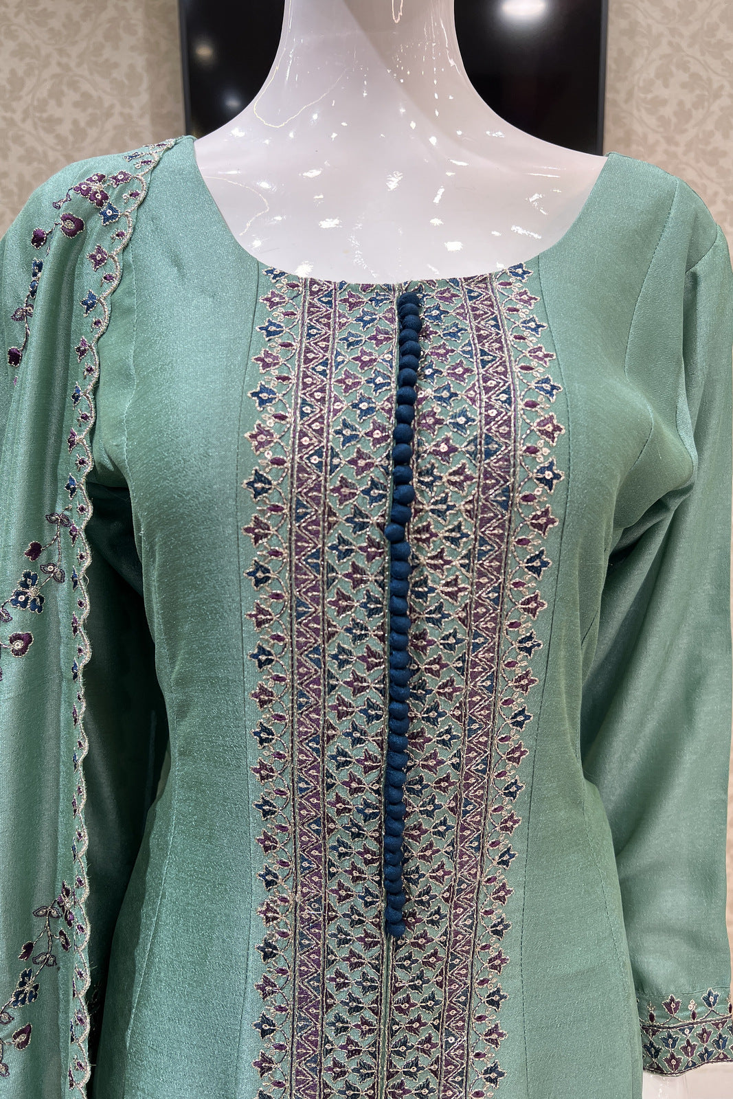 Sea Green Zari, Thread and Sequins work Anarkali Style Salwar Suit