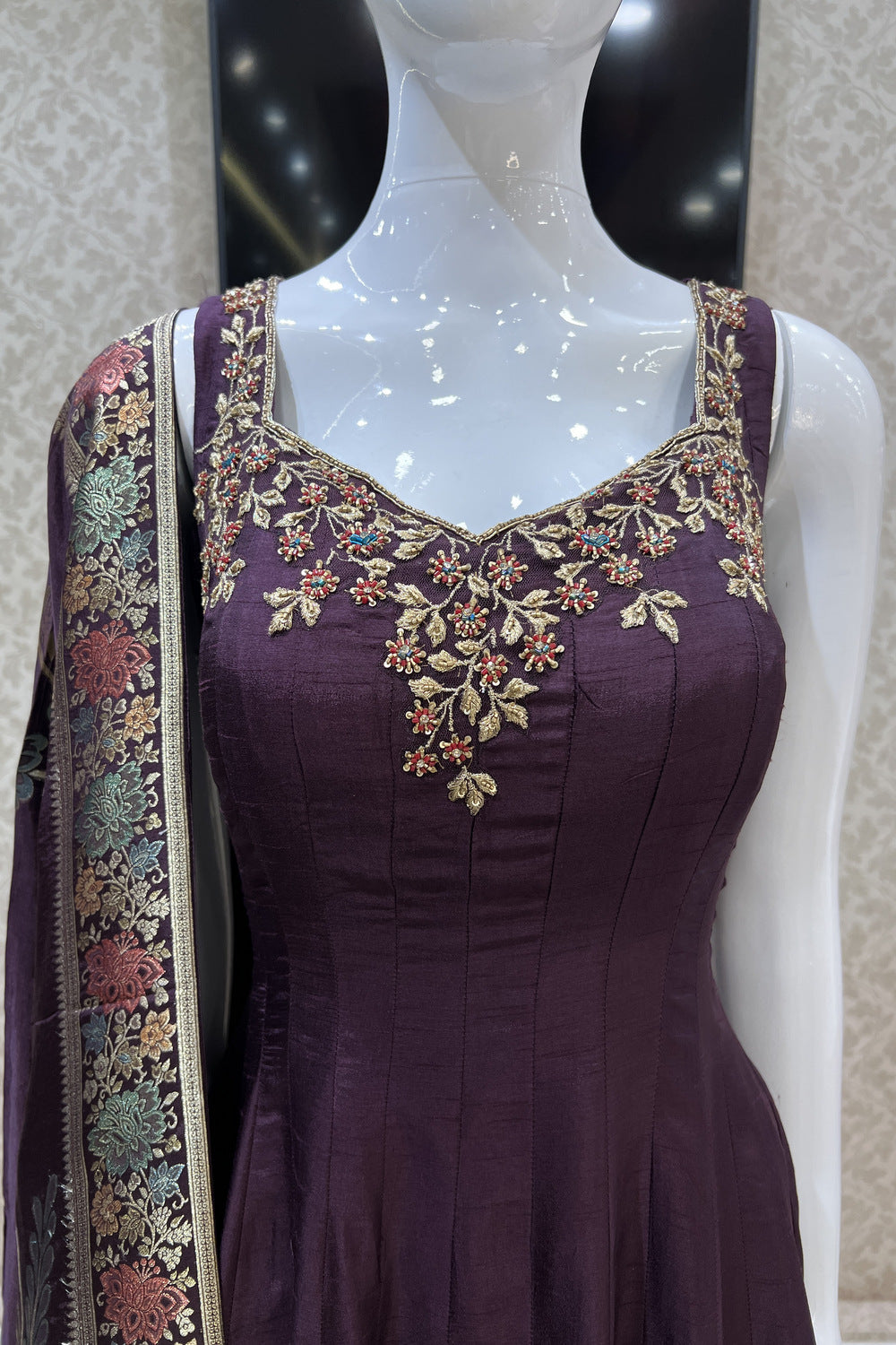 Wine Zari, Beads, Stone and Banaras work Palazzo Salwar Suit