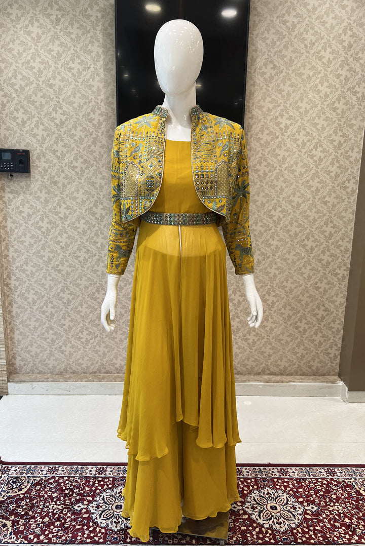 Yellow Multicolor Embroidery and Sequins work Long Top with Jacket Styled Palazzo Set