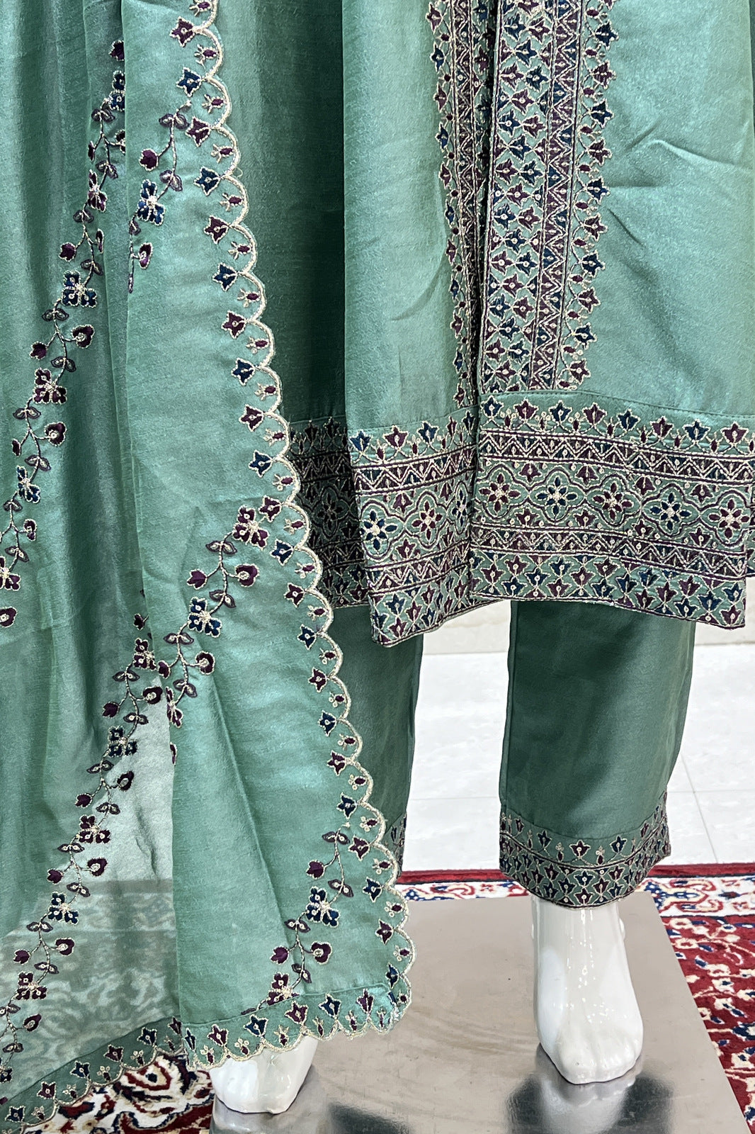 Sea Green Zari, Thread and Sequins work Anarkali Style Salwar Suit