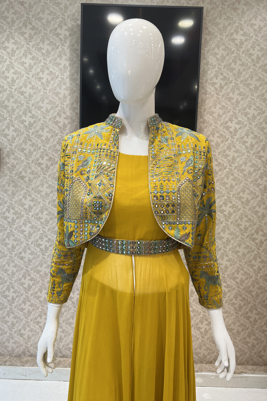 Yellow Multicolor Embroidery and Sequins work Long Top with Jacket Styled Palazzo Set