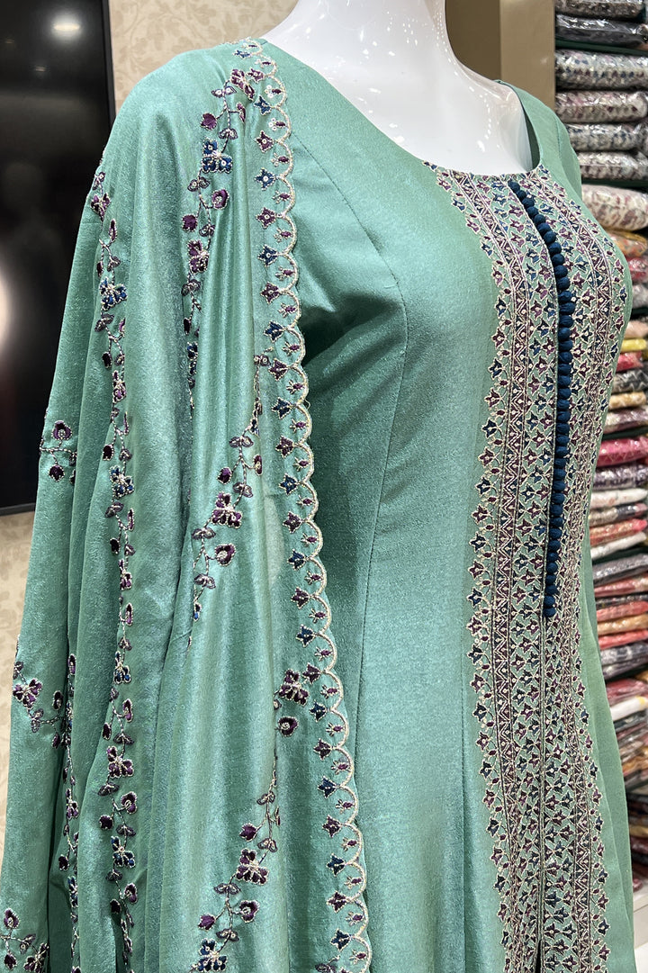 Sea Green Zari, Thread and Sequins work Anarkali Style Salwar Suit