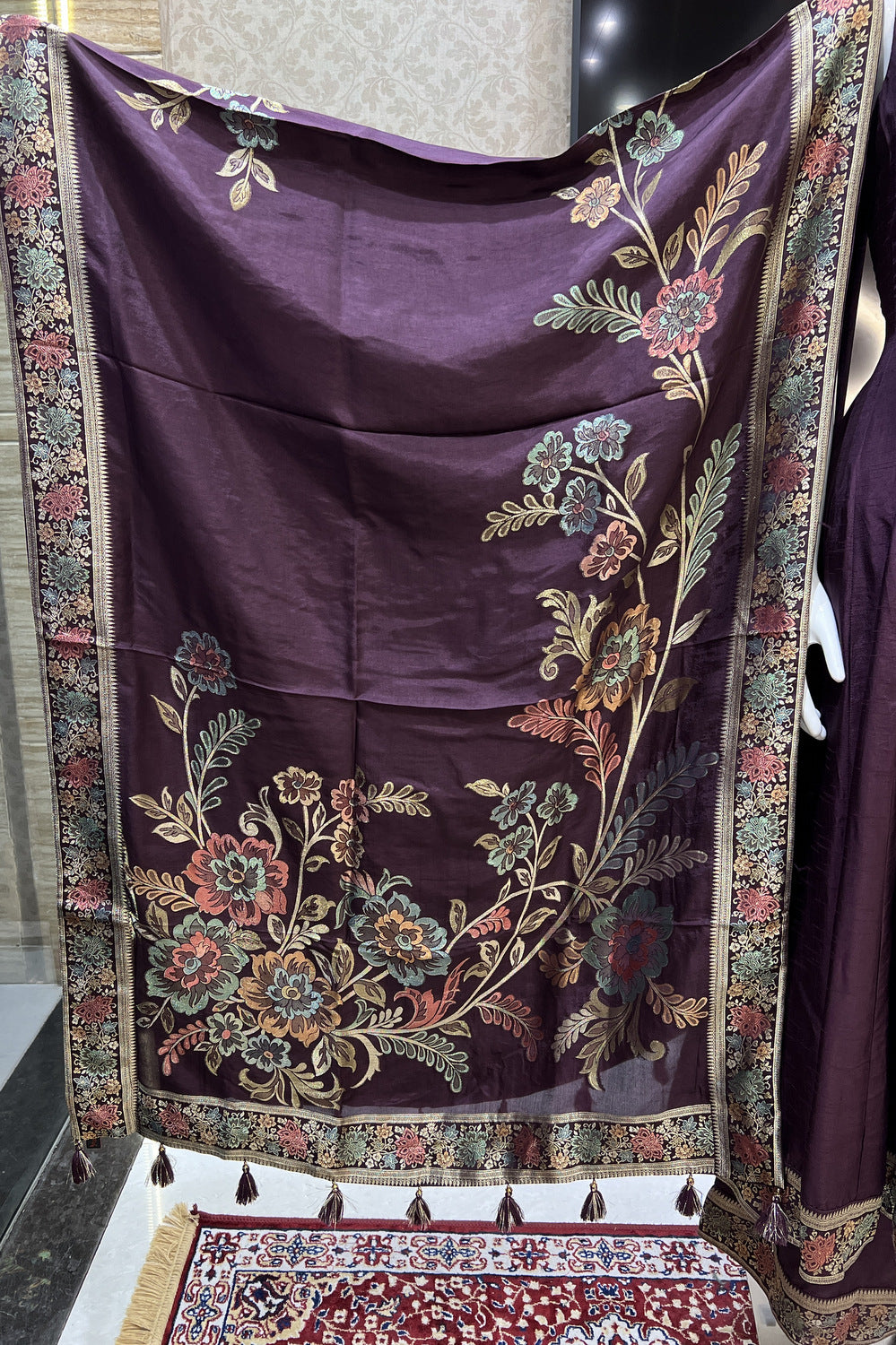 Wine Zari, Beads, Stone and Banaras work Palazzo Salwar Suit