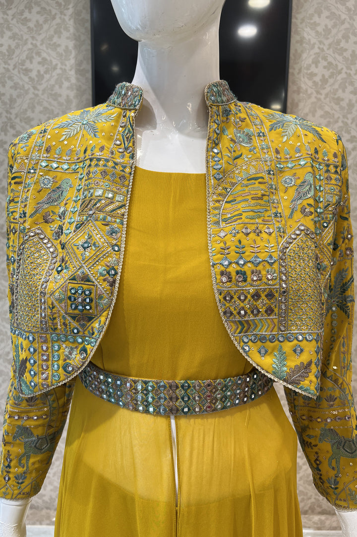 Yellow Multicolor Embroidery and Sequins work Long Top with Jacket Styled Palazzo Set