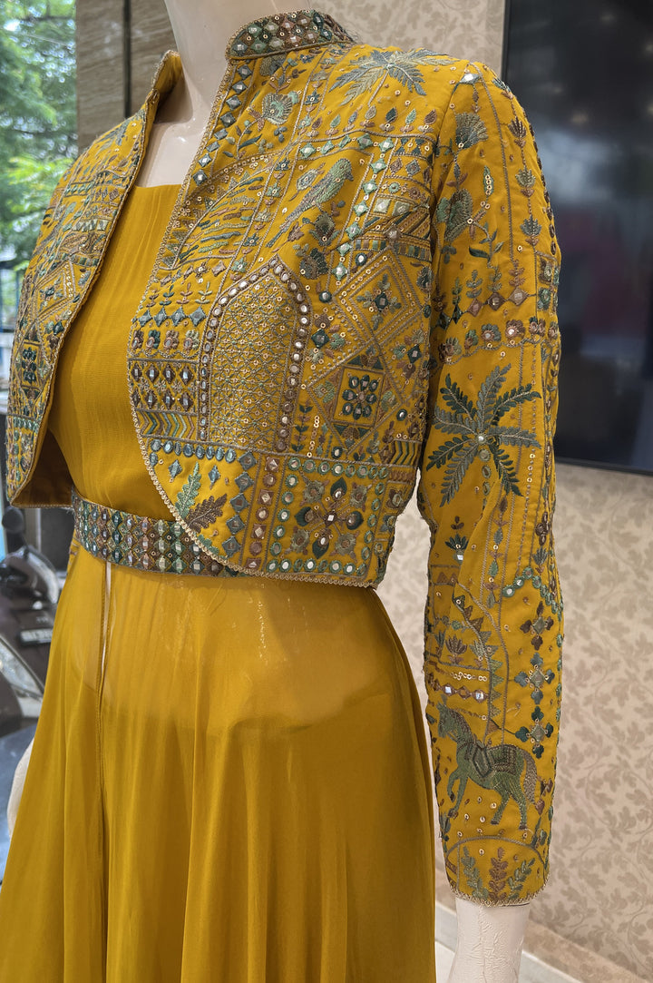 Yellow Multicolor Embroidery and Sequins work Long Top with Jacket Styled Palazzo Set