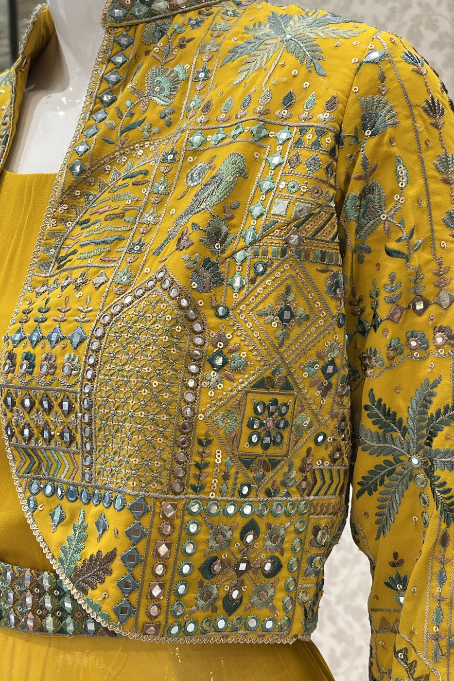 Yellow Multicolor Embroidery and Sequins work Long Top with Jacket Styled Palazzo Set