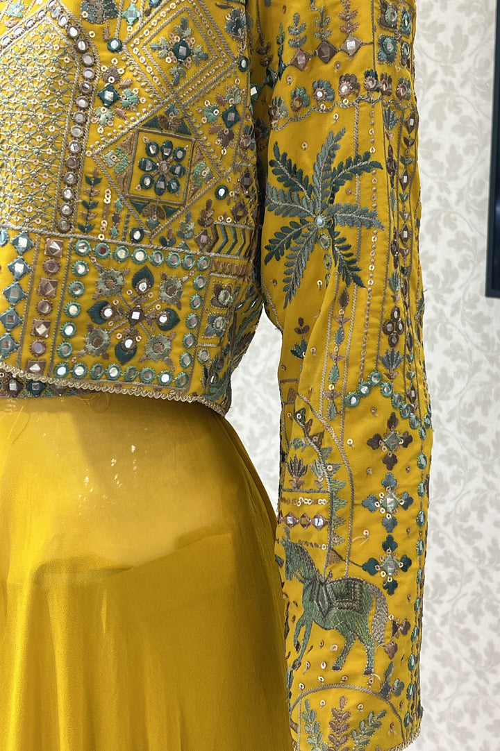 Yellow Multicolor Embroidery and Sequins work Long Top with Jacket Styled Palazzo Set