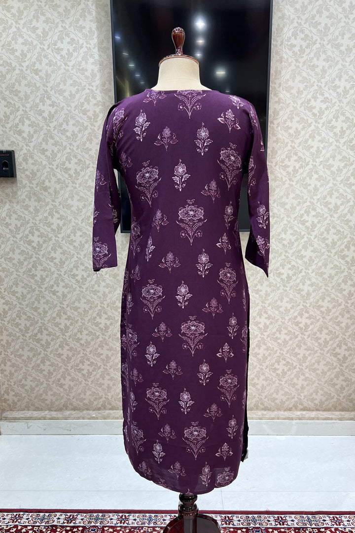 Wine Embroidery with Floral Print Calf Length Kurti